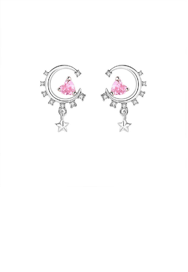 925 Sterling Silver Fashion Simple Moon Heart Tassel Earrings with Pink Cubic Zirconia - Luxurious Look - Vibrant Color