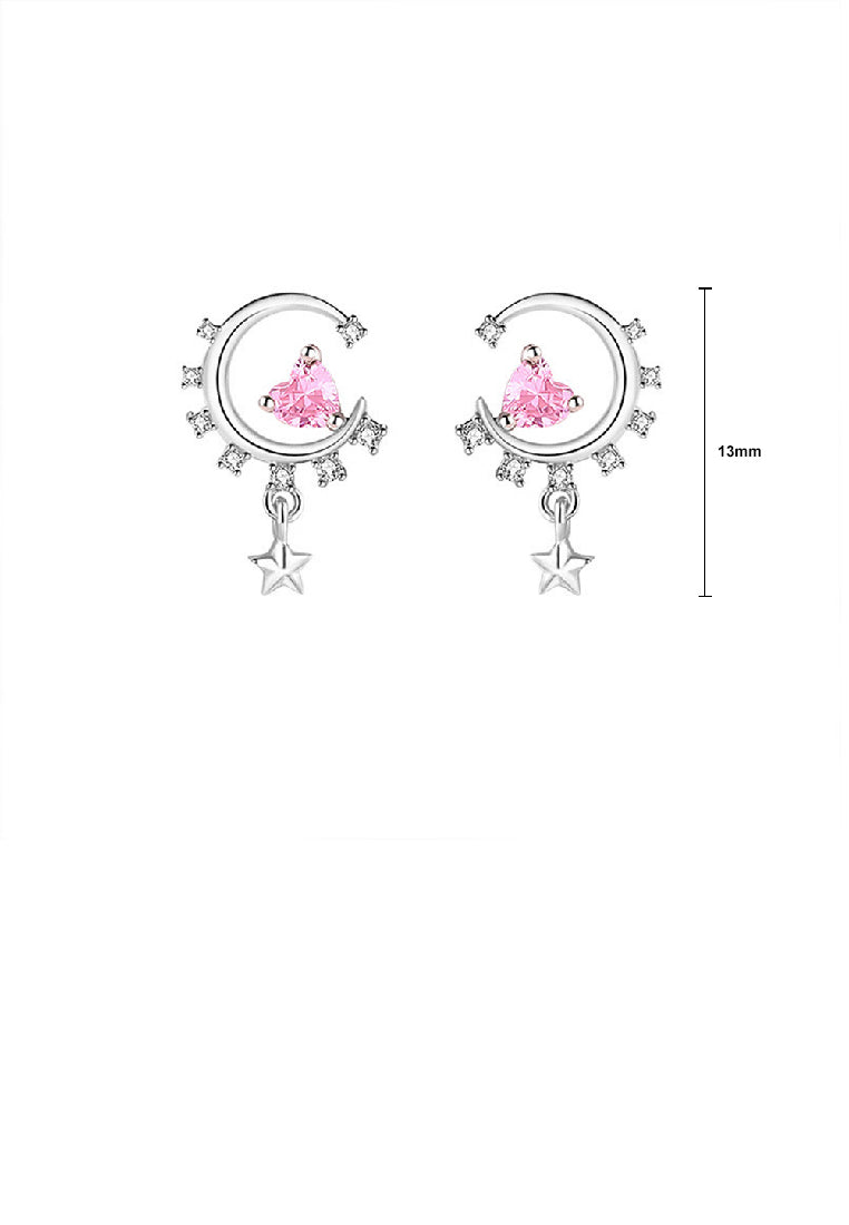 925 Sterling Silver Fashion Simple Moon Heart Tassel Earrings with Pink Cubic Zirconia - Luxurious Look - Vibrant Color