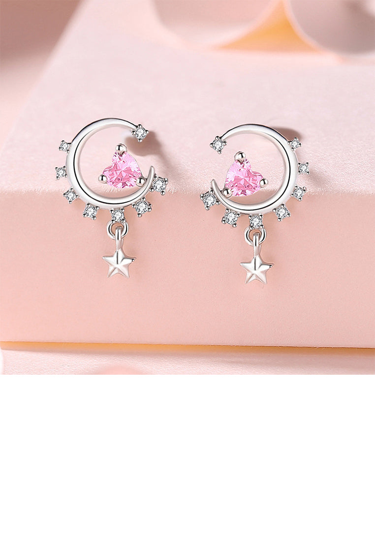 925 Sterling Silver Fashion Simple Moon Heart Tassel Earrings with Pink Cubic Zirconia - Luxurious Look - Vibrant Color