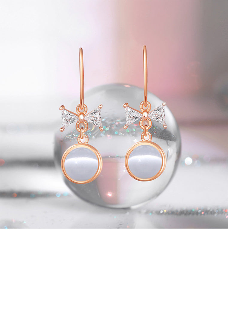 925 Sterling Silver Plated Rose Gold Sweet and Lovely Ribbon Round Opal Earrings with Cubic Zirconia - Luxurious Look