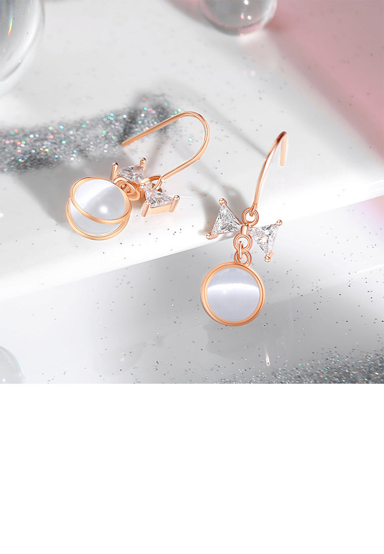 925 Sterling Silver Plated Rose Gold Sweet and Lovely Ribbon Round Opal Earrings with Cubic Zirconia - Luxurious Look
