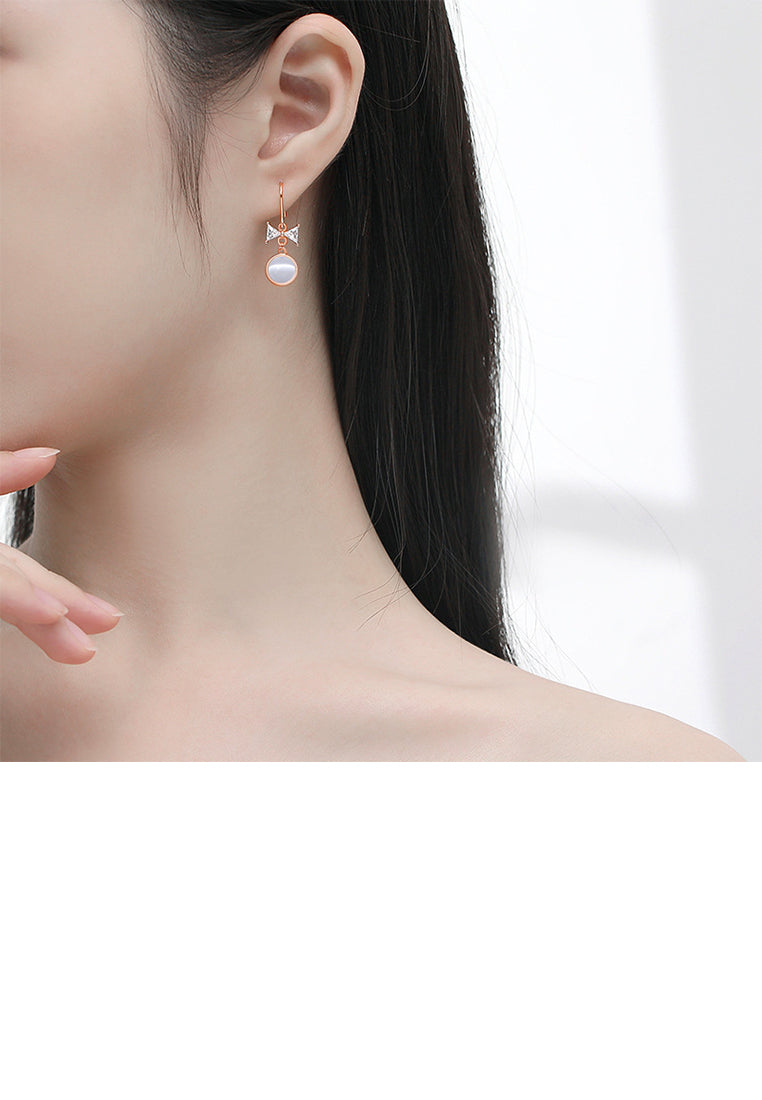 925 Sterling Silver Plated Rose Gold Sweet and Lovely Ribbon Round Opal Earrings with Cubic Zirconia - Luxurious Look