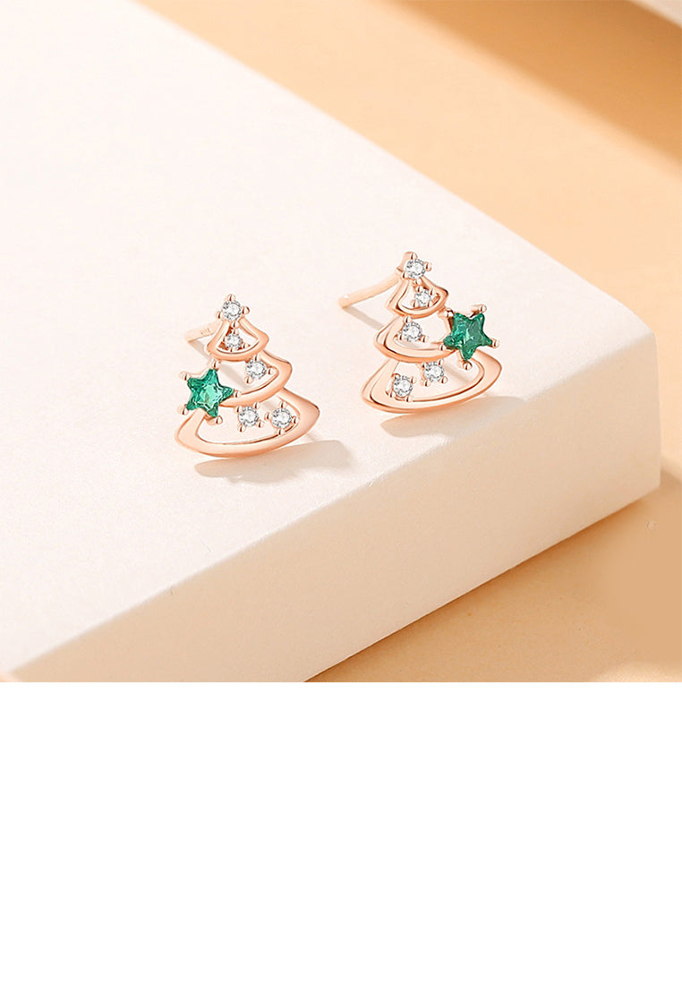 925 Sterling Silver Plated Rose Gold Simple Cute Christmas Tree Stud Earrings with Cubic Zirconia - Luxurious Look