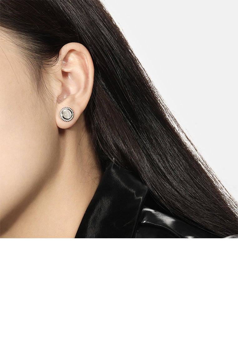 925 Sterling Silver Simple Elegant Twisted Geometric Round Opal Stud Earrings