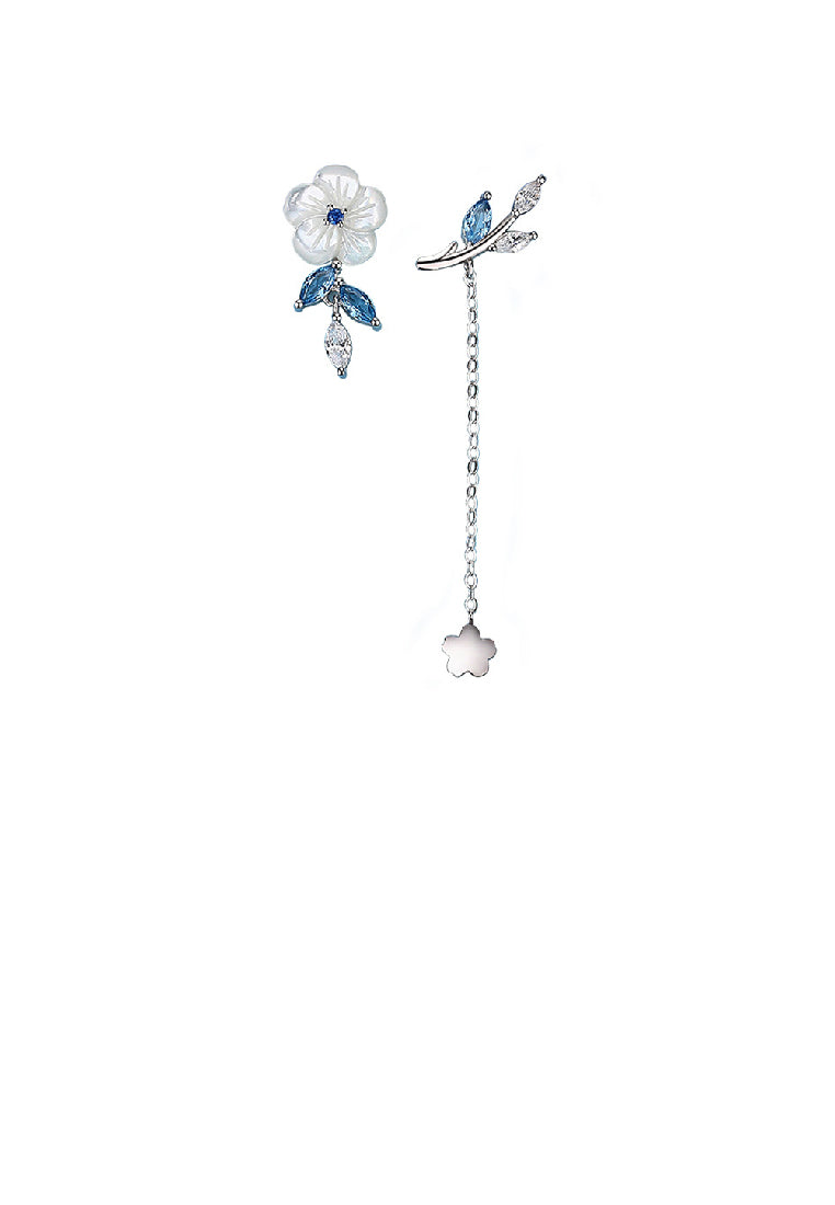 925 Sterling Silver Fashion Temperament Flower Tassel Asymmetrical Stud Earrings with Cubic Zirconia - Luxurious Look