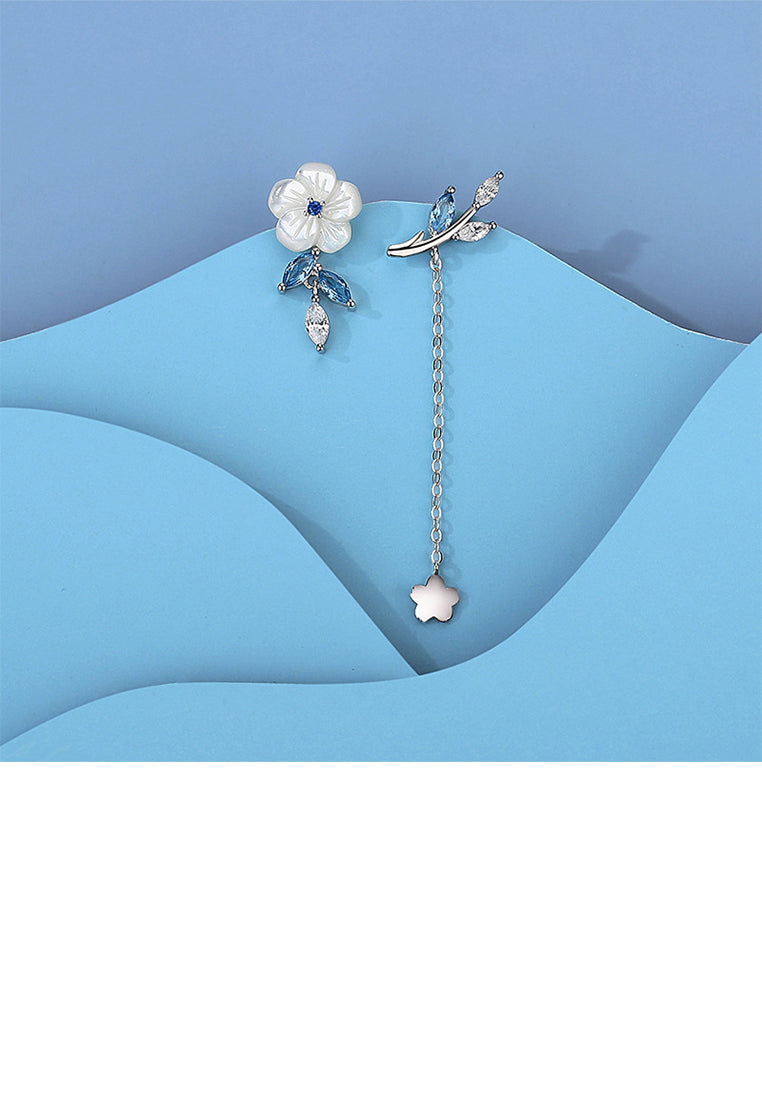 925 Sterling Silver Fashion Temperament Flower Tassel Asymmetrical Stud Earrings with Cubic Zirconia - Luxurious Look