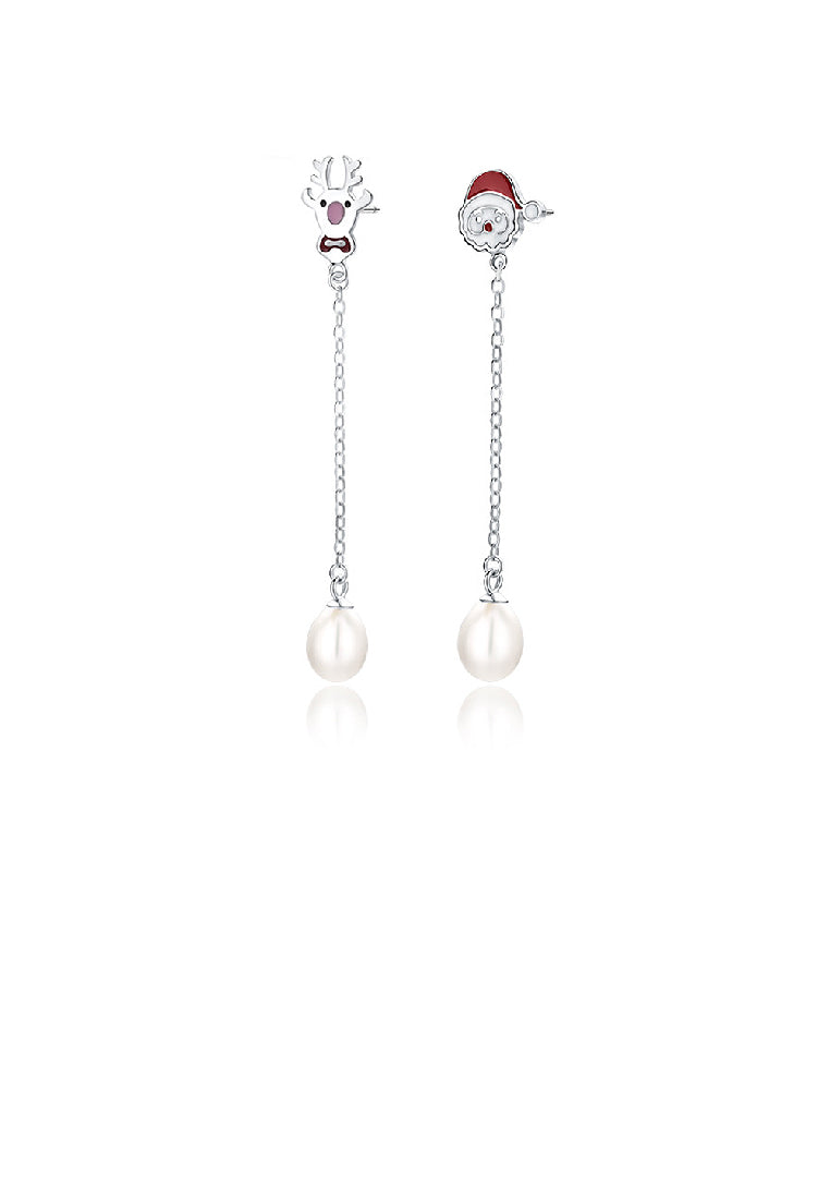 925 Sterling Silver Simple Cute Santa Elk Tassel Freshwater Pearl Earrings - Luxurious Look