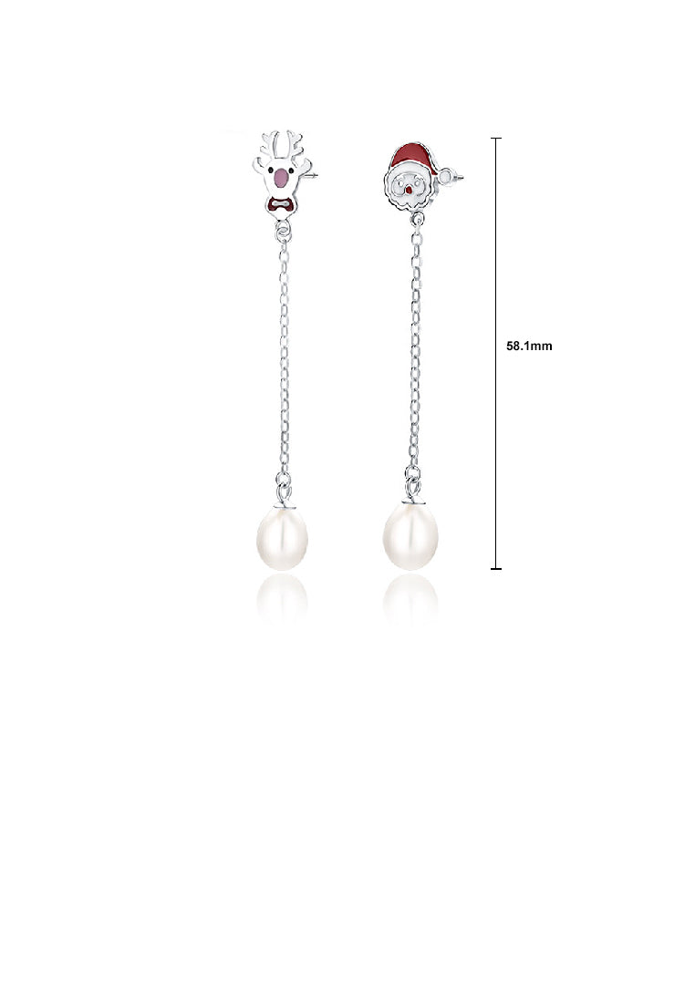 925 Sterling Silver Simple Cute Santa Elk Tassel Freshwater Pearl Earrings - Luxurious Look