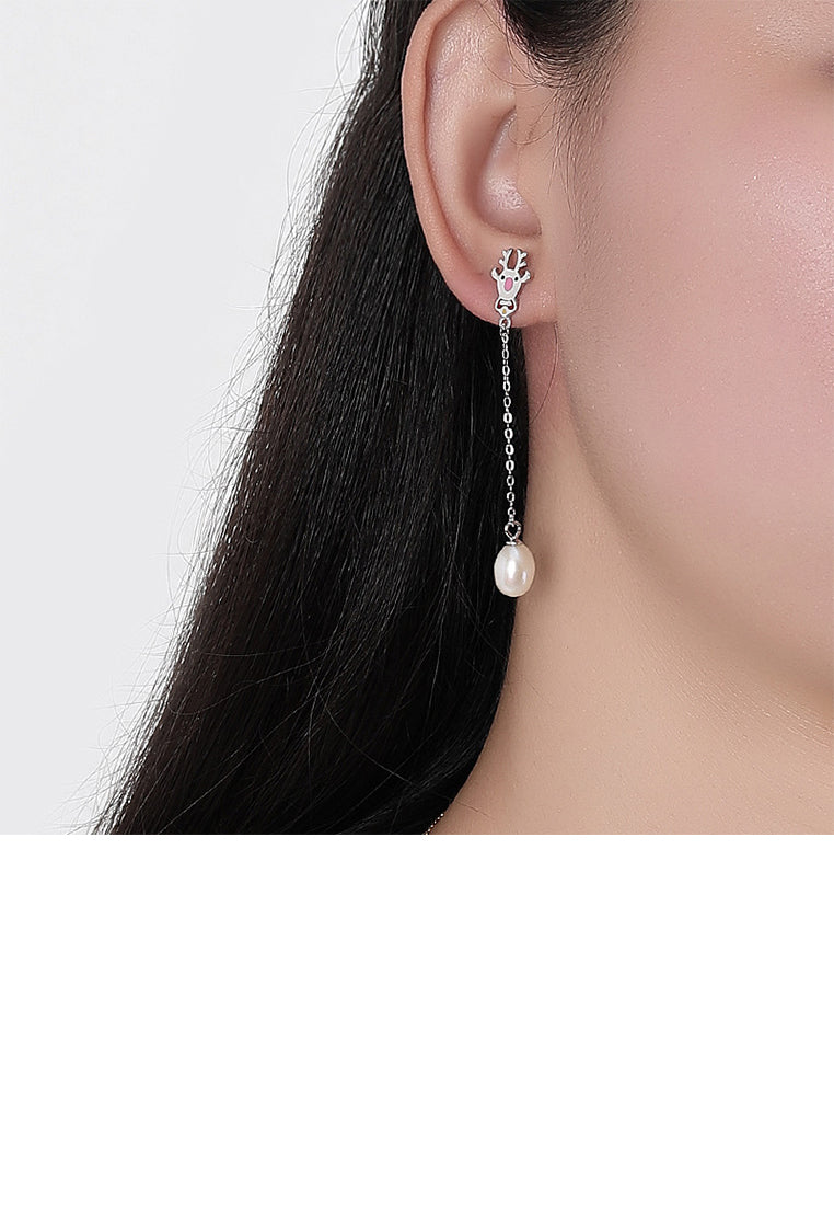 925 Sterling Silver Simple Cute Santa Elk Tassel Freshwater Pearl Earrings - Luxurious Look