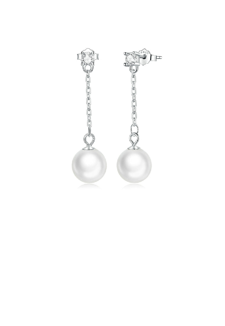 925 Sterling Silver Simple Elegant Geometric Imitation Pearl Tassel Earrings with Cubic Zirconia - Luxurious Look