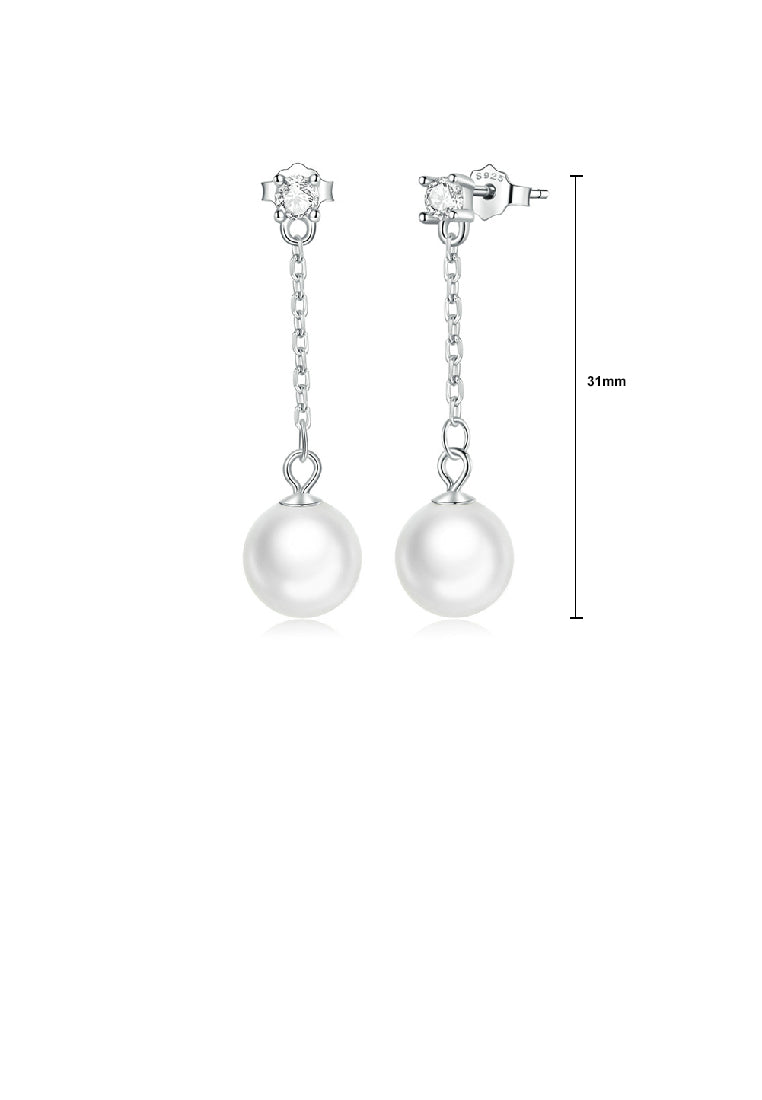 925 Sterling Silver Simple Elegant Geometric Imitation Pearl Tassel Earrings with Cubic Zirconia - Luxurious Look