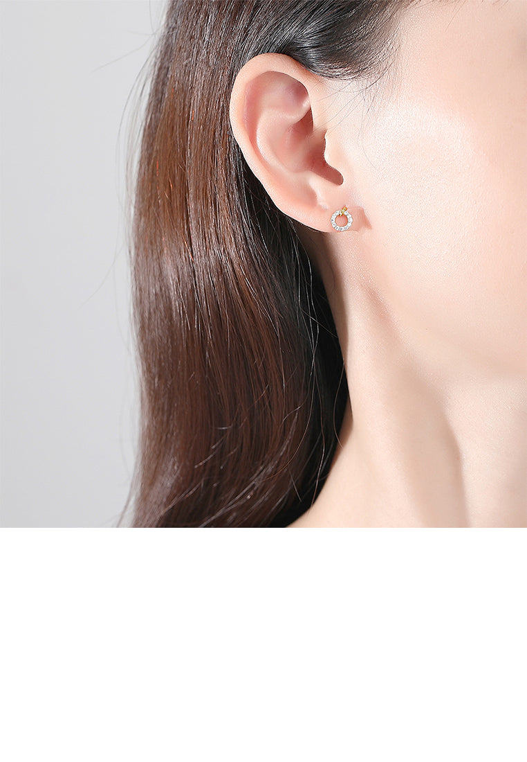 925 Sterling Silver Plated Gold Simple Fashion Geometric Circle Stud Earrings with Cubic Zirconia - Luxurious Look