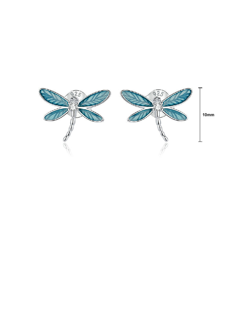 925 Sterling Silver Fashion Cute Enamel Blue Dragonfly Stud Earrings with Cubic Zirconia - Luxurious Look