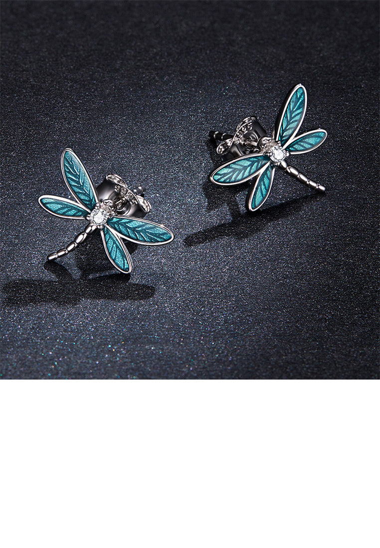 925 Sterling Silver Fashion Cute Enamel Blue Dragonfly Stud Earrings with Cubic Zirconia - Luxurious Look