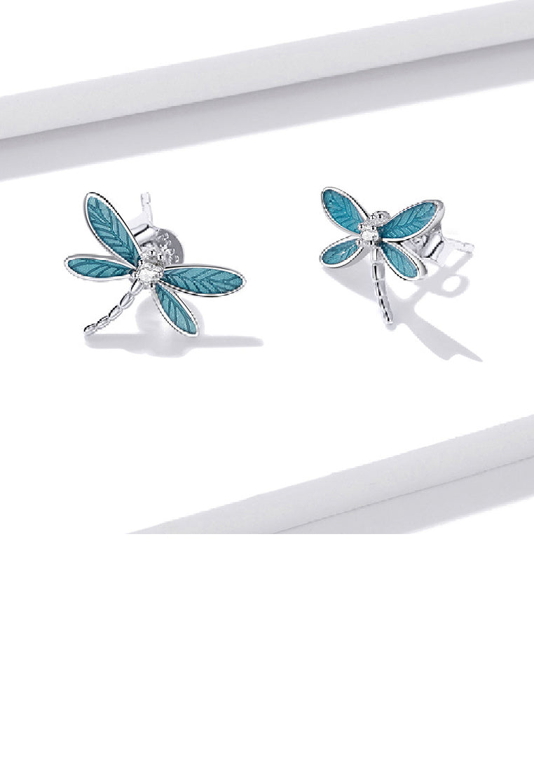 925 Sterling Silver Fashion Cute Enamel Blue Dragonfly Stud Earrings with Cubic Zirconia - Luxurious Look