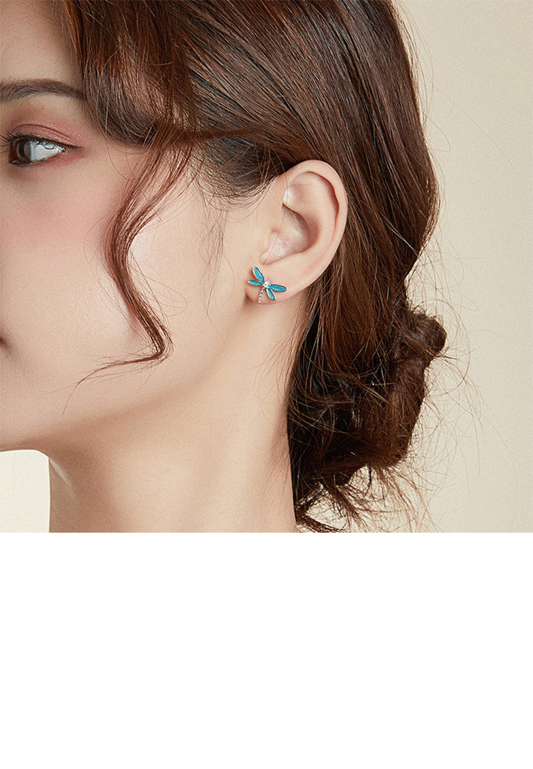925 Sterling Silver Fashion Cute Enamel Blue Dragonfly Stud Earrings with Cubic Zirconia - Luxurious Look