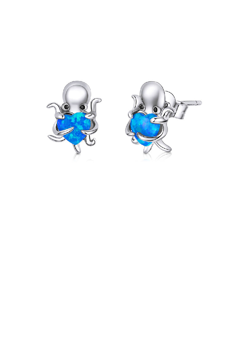 925 Sterling Silver Simple and Cute Octopus Stud Earrings with Blue Cubic Zirconia - Luxurious Look