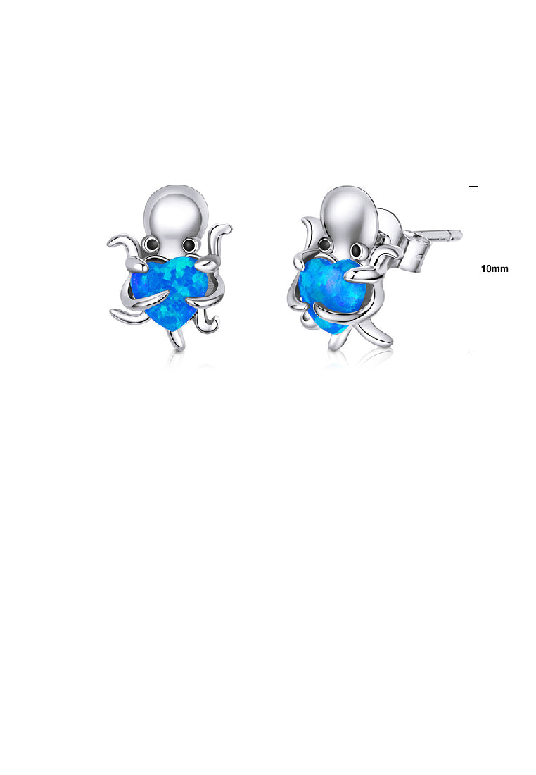 925 Sterling Silver Simple and Cute Octopus Stud Earrings with Blue Cubic Zirconia - Luxurious Look