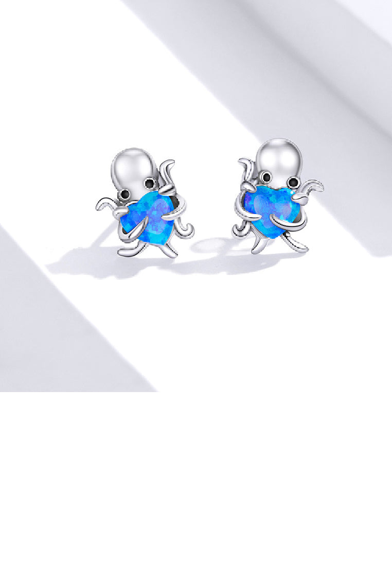 925 Sterling Silver Simple and Cute Octopus Stud Earrings with Blue Cubic Zirconia - Luxurious Look