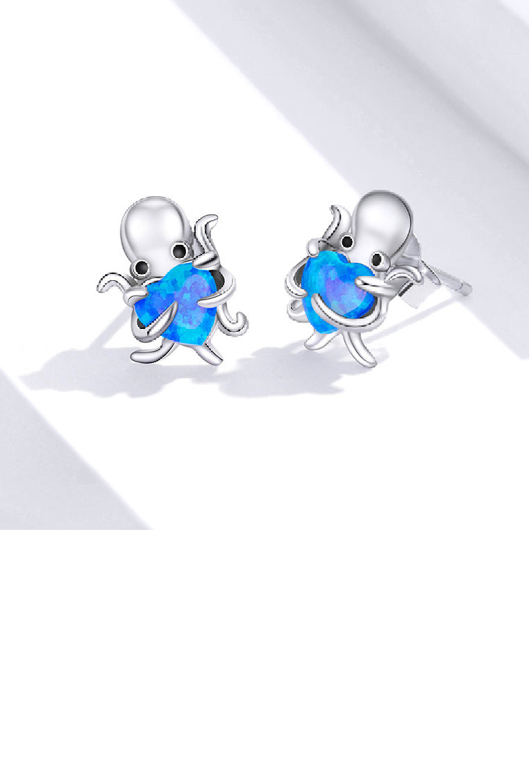 925 Sterling Silver Simple and Cute Octopus Stud Earrings with Blue Cubic Zirconia - Luxurious Look