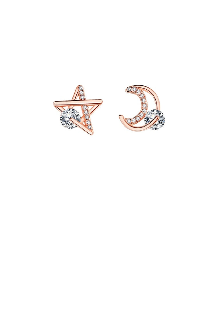 925 Sterling Silver Plated Rose Gold Simple Fashion Moon Star Asymmetric Stud Earrings with Cubic Zirconia - Luxurious Look