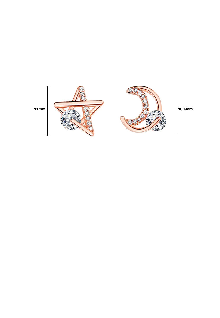 925 Sterling Silver Plated Rose Gold Simple Fashion Moon Star Asymmetric Stud Earrings with Cubic Zirconia - Luxurious Look