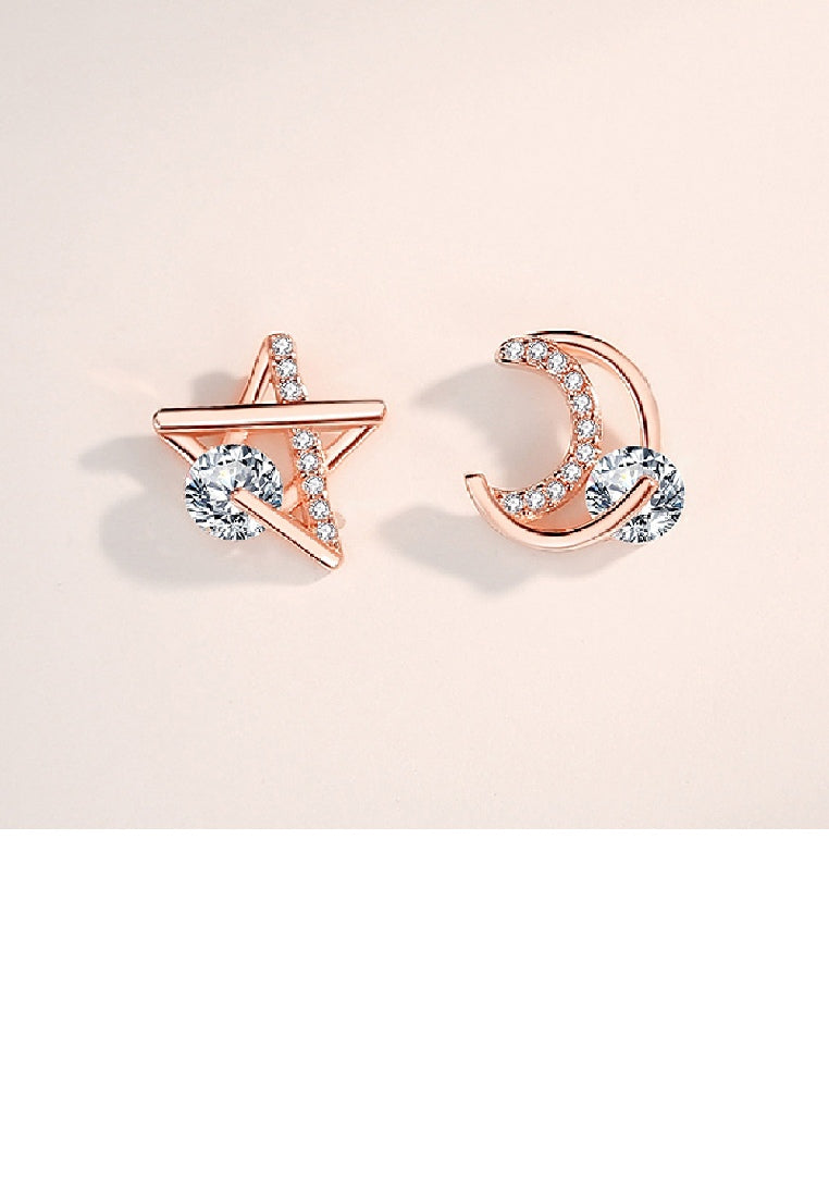 925 Sterling Silver Plated Rose Gold Simple Fashion Moon Star Asymmetric Stud Earrings with Cubic Zirconia - Luxurious Look