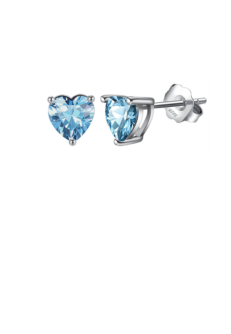 925 Sterling Silver Simple Fashion March Birthstone Heart Stud Earrings with Light Blue Cubic Zirconia - Luxurious Look