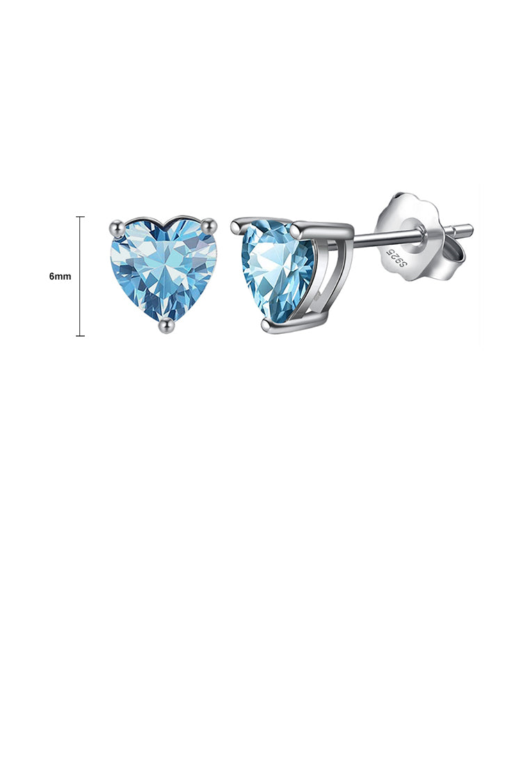 925 Sterling Silver Simple Fashion March Birthstone Heart Stud Earrings with Light Blue Cubic Zirconia - Luxurious Look