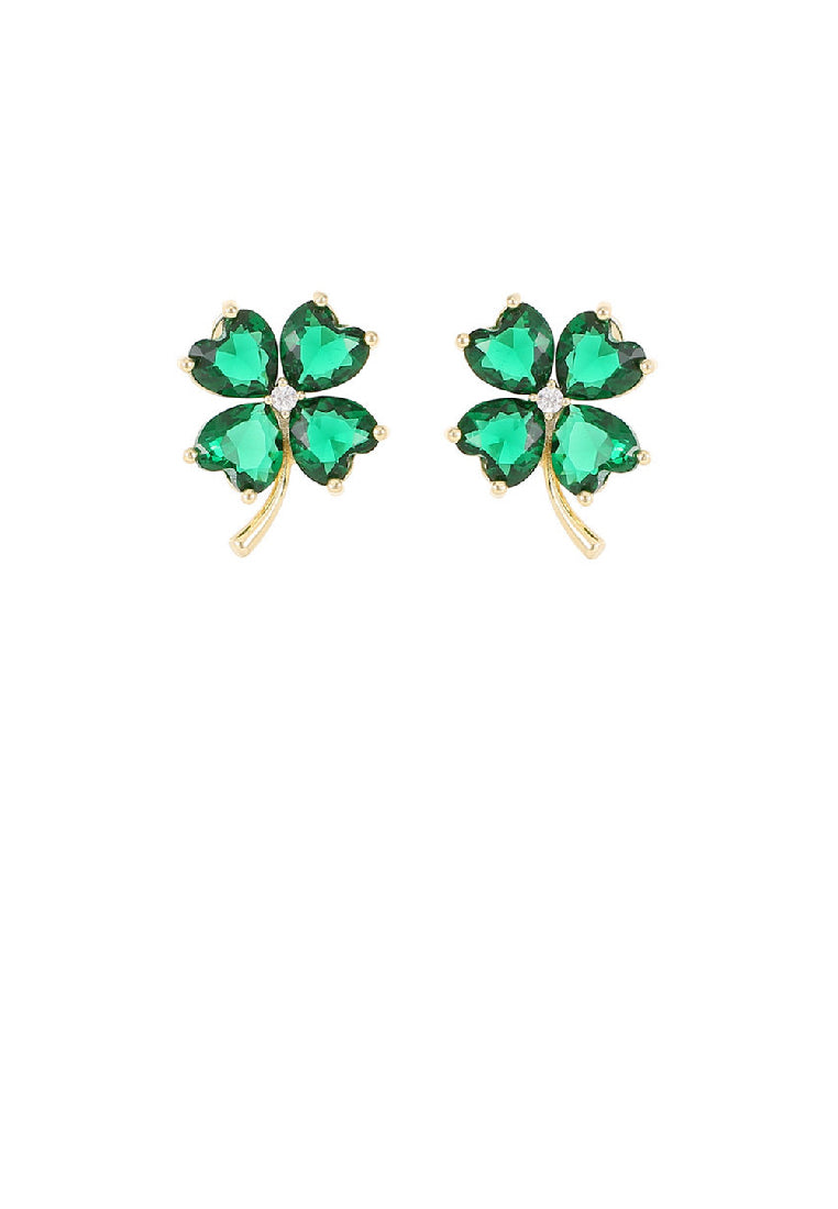 Simple Fashion Plated Gold Four-leafed Clover Stud Earrings with Green Cubic Zirconia - Luxurious Look