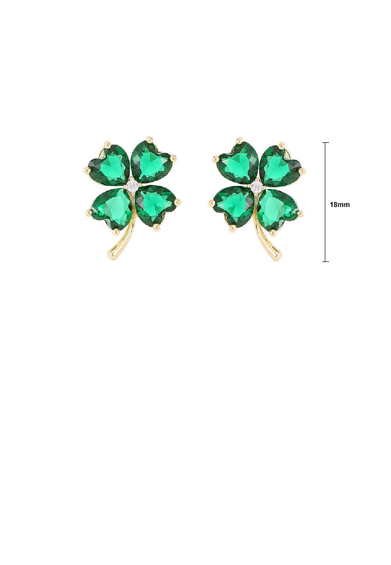 Simple Fashion Plated Gold Four-leafed Clover Stud Earrings with Green Cubic Zirconia - Luxurious Look