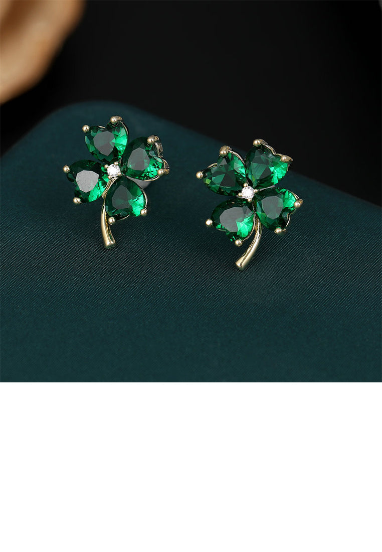 Simple Fashion Plated Gold Four-leafed Clover Stud Earrings with Green Cubic Zirconia - Luxurious Look
