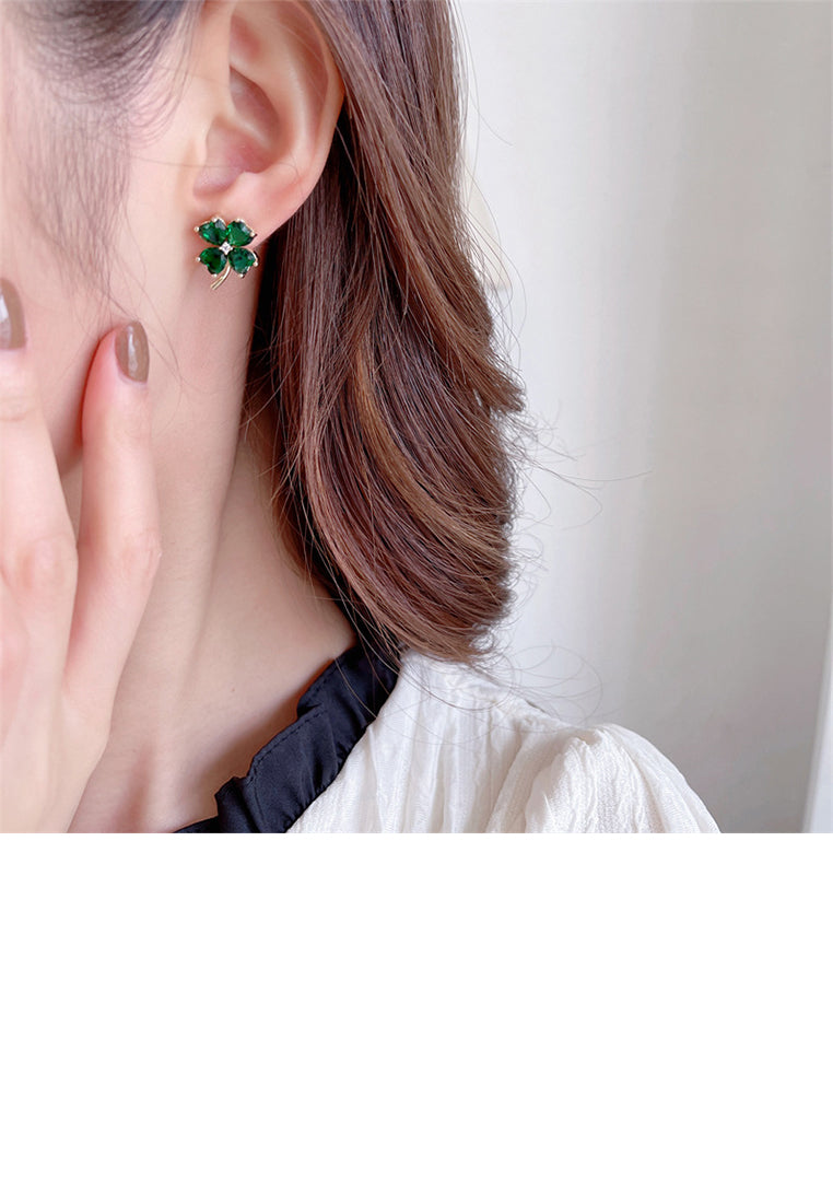 Simple Fashion Plated Gold Four-leafed Clover Stud Earrings with Green Cubic Zirconia - Luxurious Look
