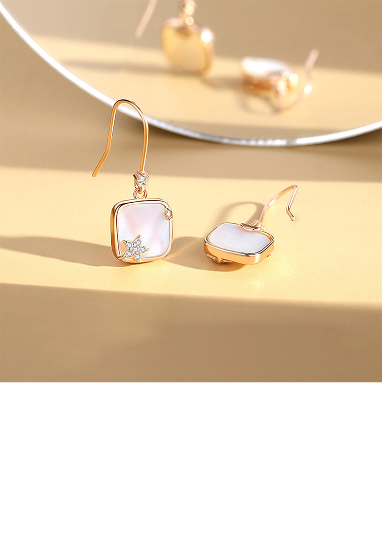 925 Sterling Silver Plated Rose Gold Fashion Simple Star Geometric Square Mother-of-Pearl Earrings with Cubic Zirconia - Luxurious Look