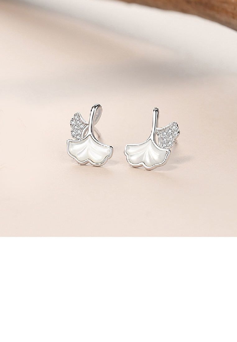 925 Sterling Silver Simple Fashion Ginkgo Leaf Mother-of-pearl Stud Earrings with Cubic Zirconia - Luxurious Look