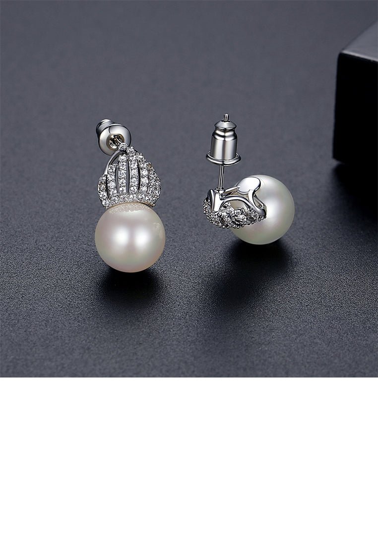 Fashion and Elegant Crown Imitation Pearl Stud Earrings with Cubic Zirconia - Luxurious Look