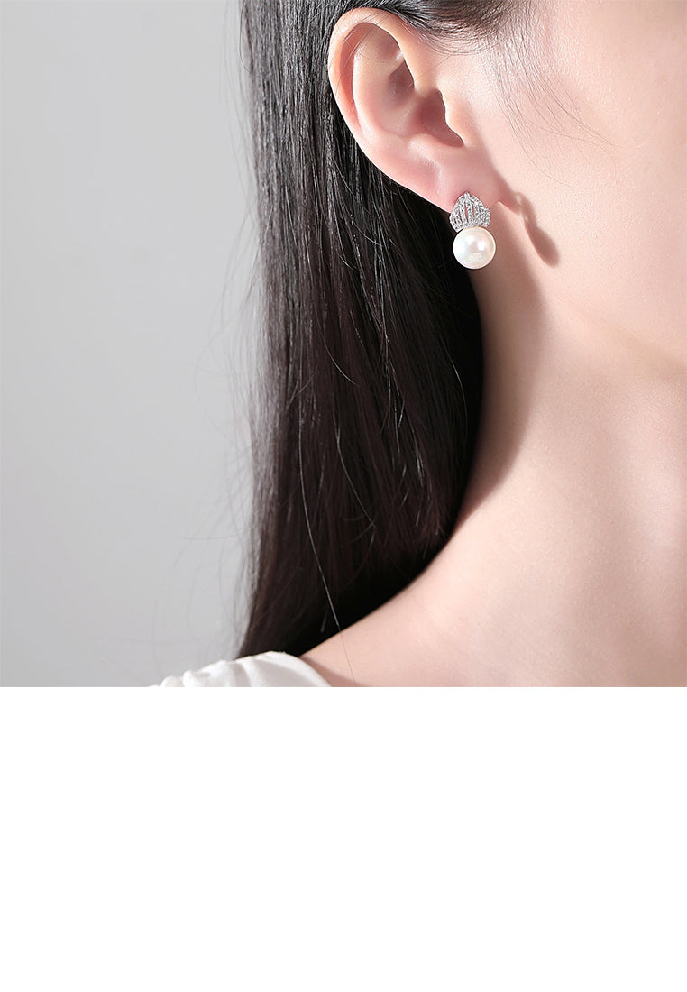 Fashion and Elegant Crown Imitation Pearl Stud Earrings with Cubic Zirconia - Luxurious Look