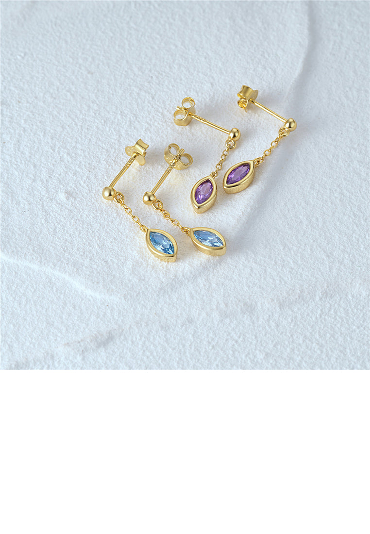 925 Sterling Silver Plated Gold Simple Fashion Geometric Tassel Earrings with Blue Cubic Zirconia - Luxurious Look