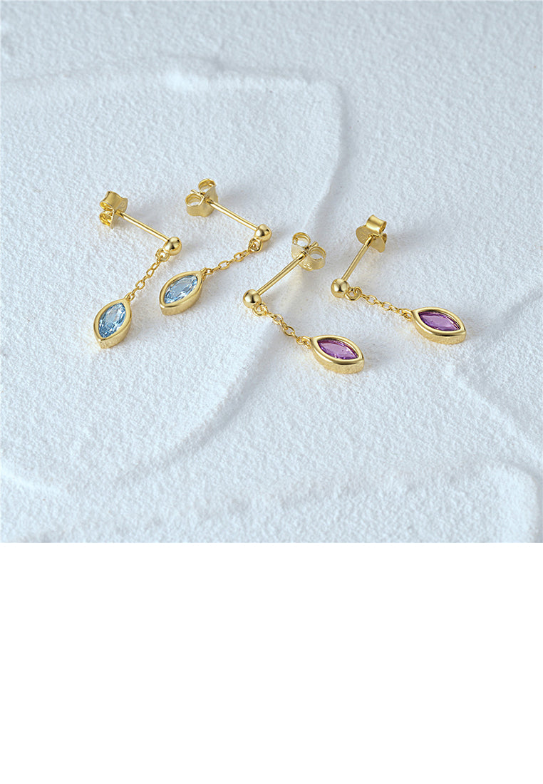 925 Sterling Silver Plated Gold Simple Fashion Geometric Tassel Earrings with Blue Cubic Zirconia - Luxurious Look