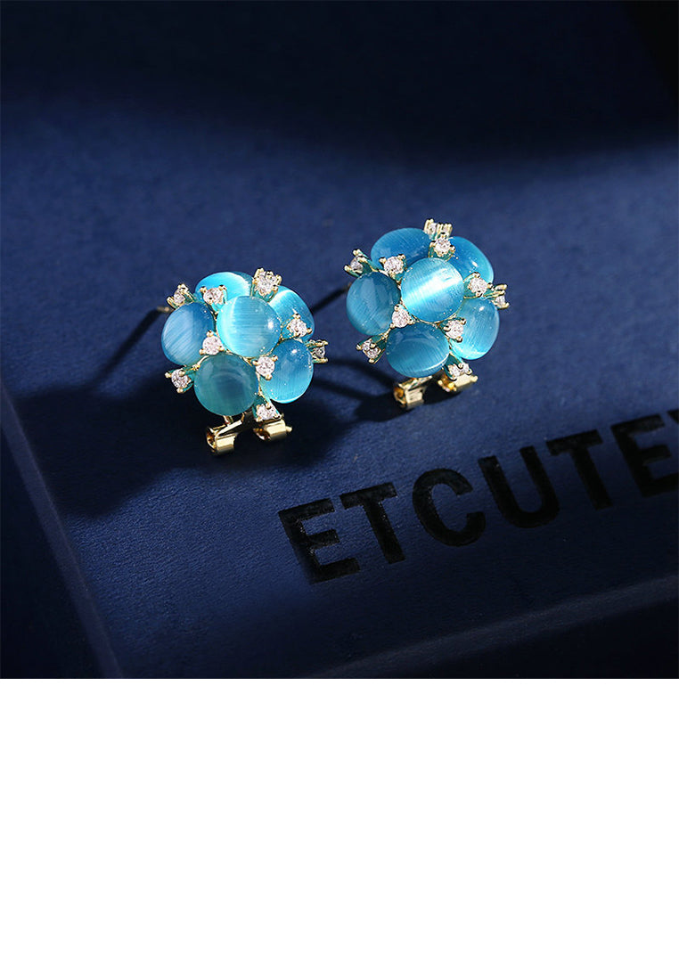 Fashion Simple Plated Gold Flower Blue Imitation Opal Stud Earrings
