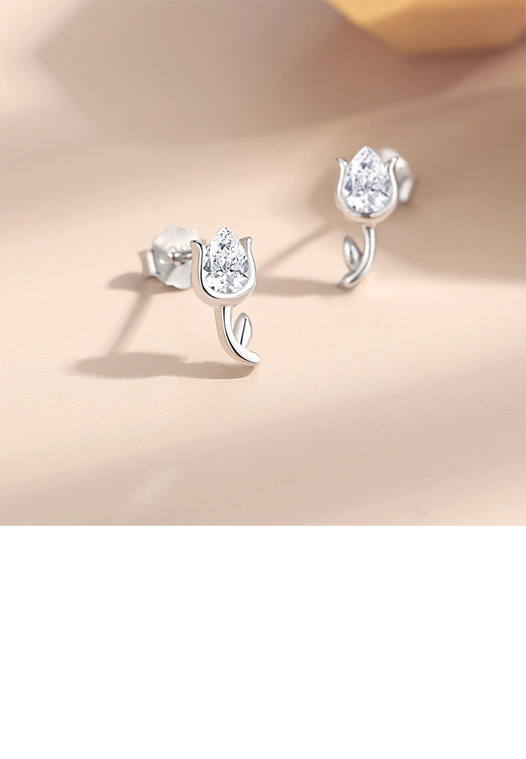 925 Sterling Silver Simple Fashion Tulip Stud Earrings with Cubic Zirconia - Luxurious Look