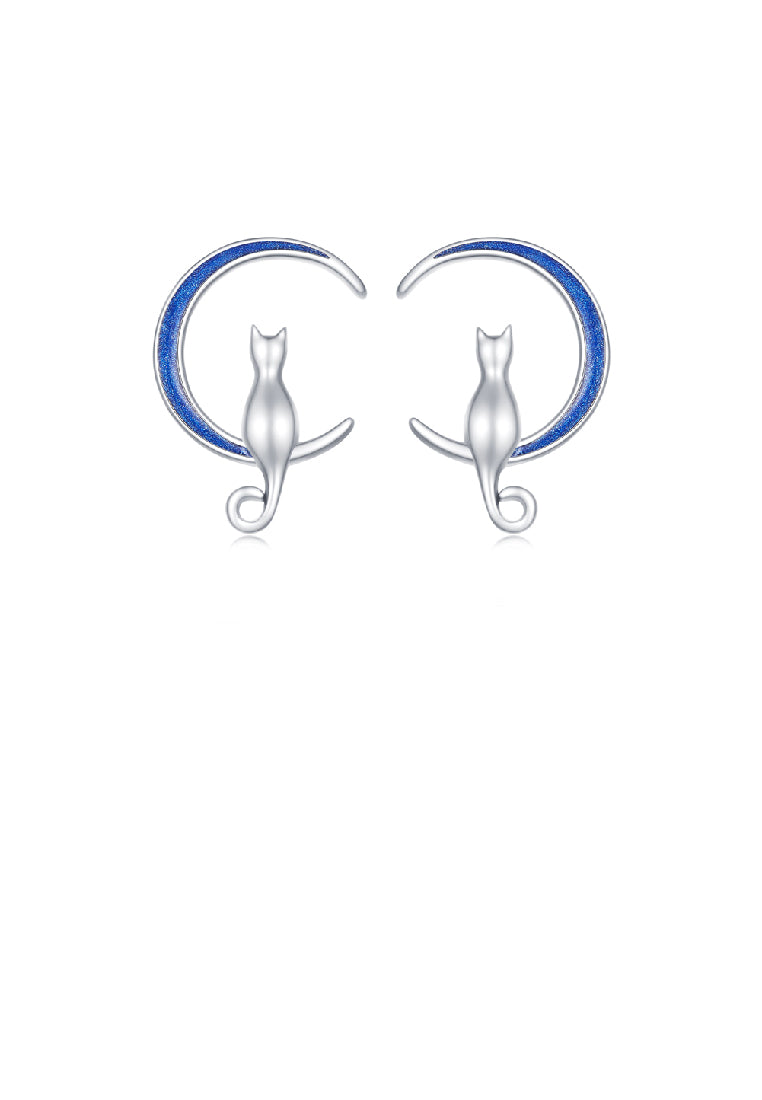 925 Sterling Silver Fashion Simple Blue Moon Cat Stud Earrings