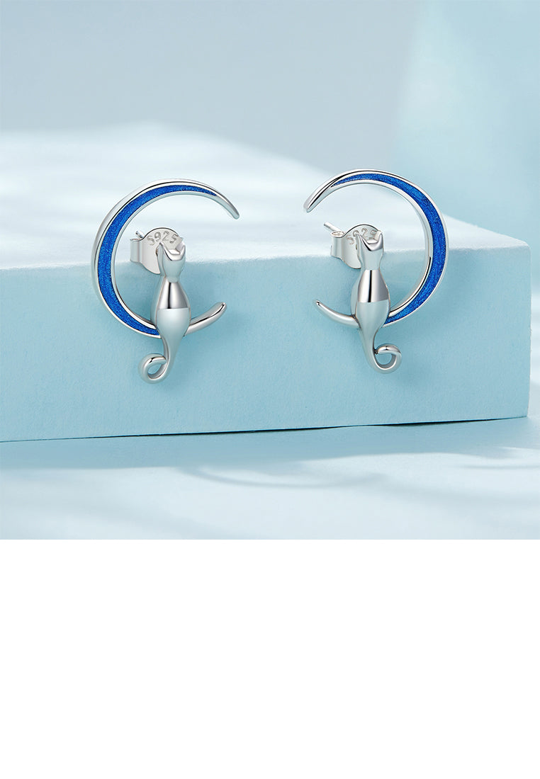 925 Sterling Silver Fashion Simple Blue Moon Cat Stud Earrings