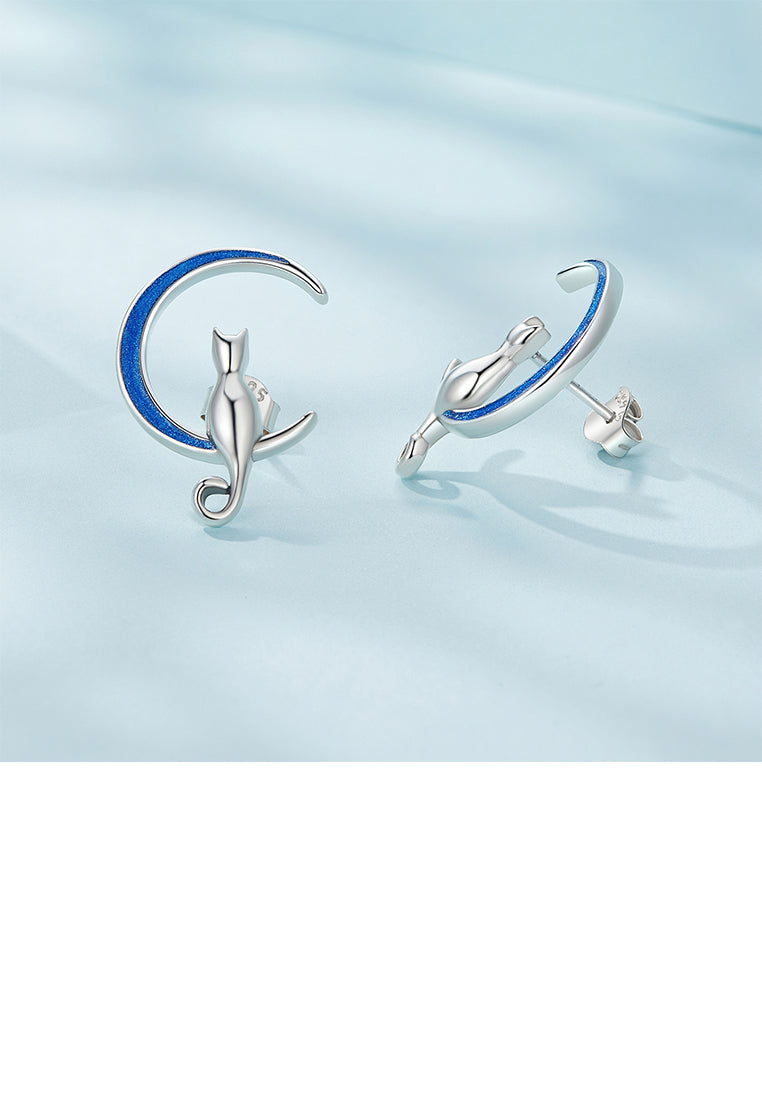925 Sterling Silver Fashion Simple Blue Moon Cat Stud Earrings