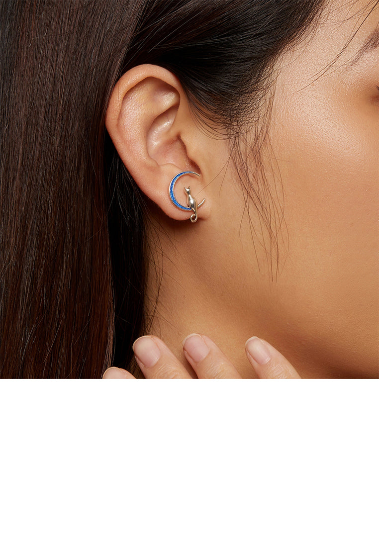 925 Sterling Silver Fashion Simple Blue Moon Cat Stud Earrings