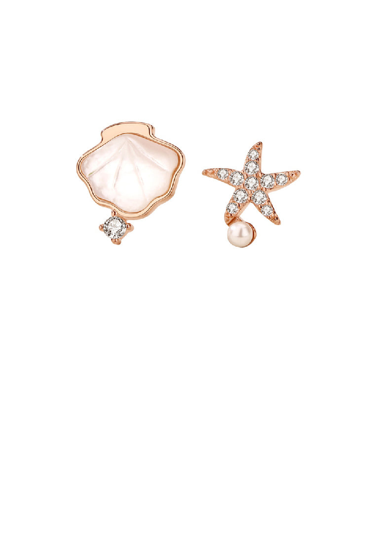 925 Sterling Silver Plated Rose Gold Fashion Simple Shell Starfish Imitation Pearl Asymmetric Stud Earrings with Cubic Zirconia - Luxurious Look