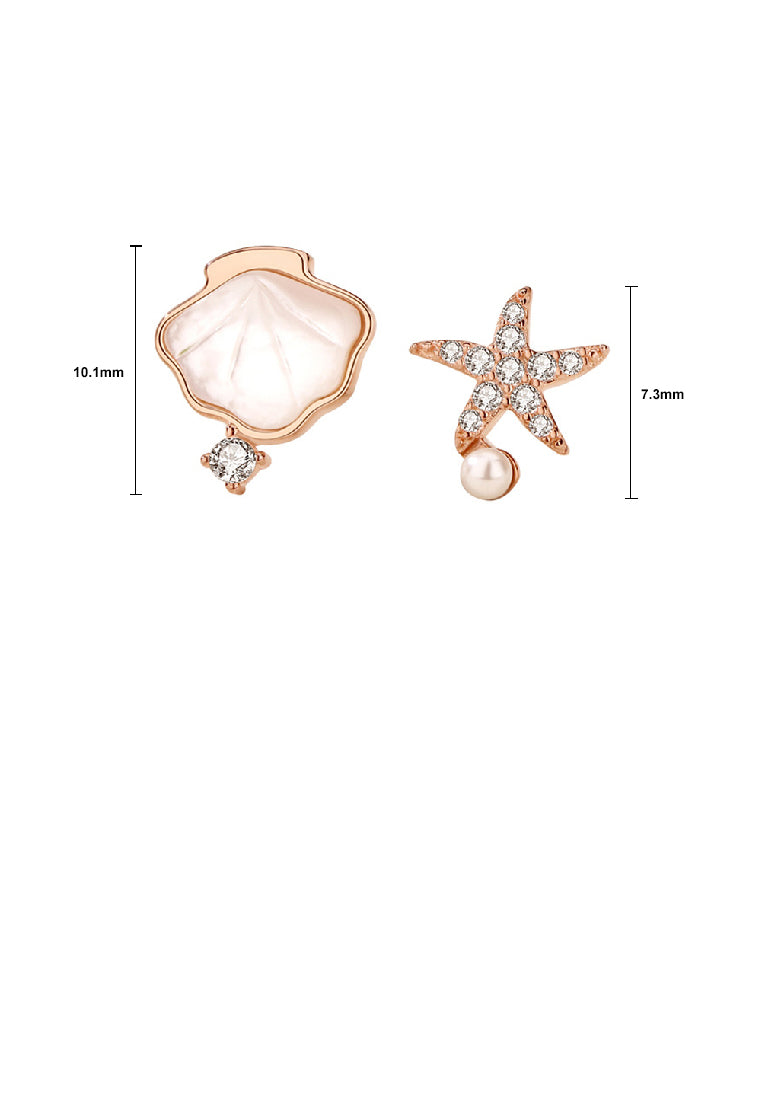 925 Sterling Silver Plated Rose Gold Fashion Simple Shell Starfish Imitation Pearl Asymmetric Stud Earrings with Cubic Zirconia - Luxurious Look
