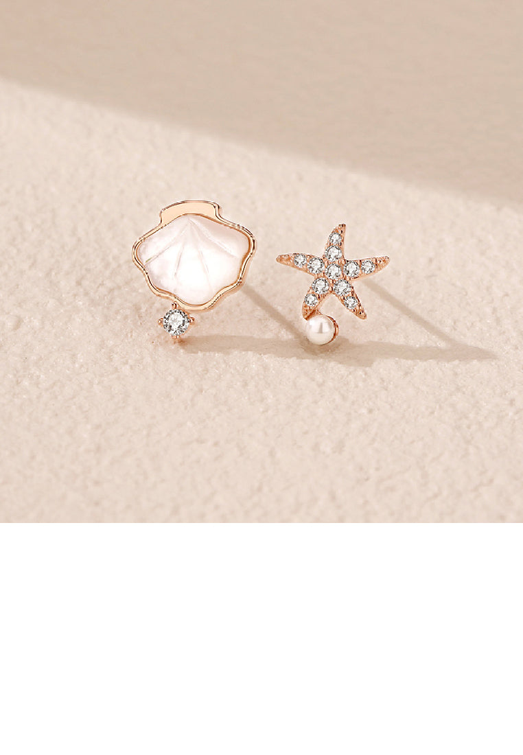 925 Sterling Silver Plated Rose Gold Fashion Simple Shell Starfish Imitation Pearl Asymmetric Stud Earrings with Cubic Zirconia - Luxurious Look
