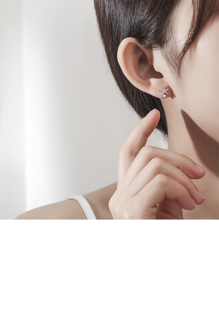 925 Sterling Silver Plated Rose Gold Fashion Simple Shell Starfish Imitation Pearl Asymmetric Stud Earrings with Cubic Zirconia - Luxurious Look