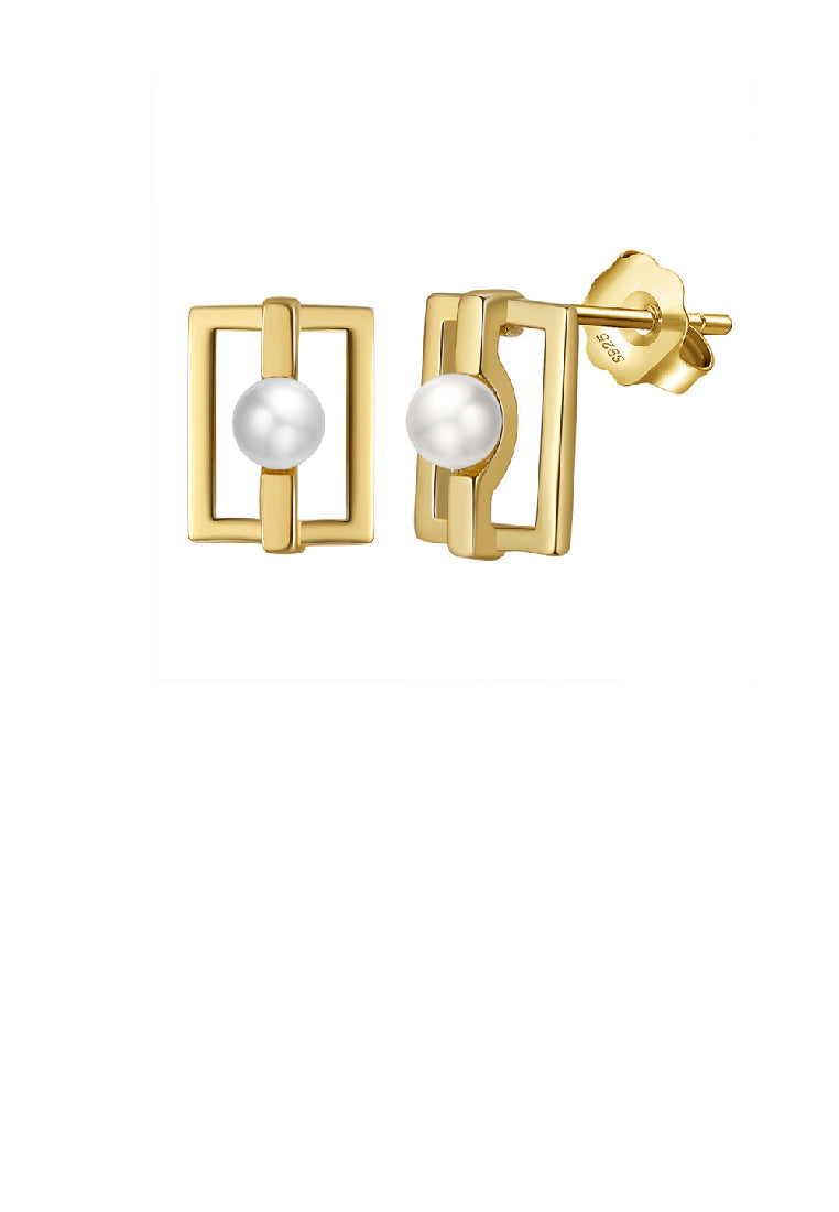 925 Sterling Silver Plated Gold Simple Fashion Hollow Geometric Stud Earrings with Freshwater Pearls